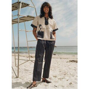 Tombolo Unisex Easy-Going Pants XS Navy Jacquard Stripe Elastic Waist Drawstring